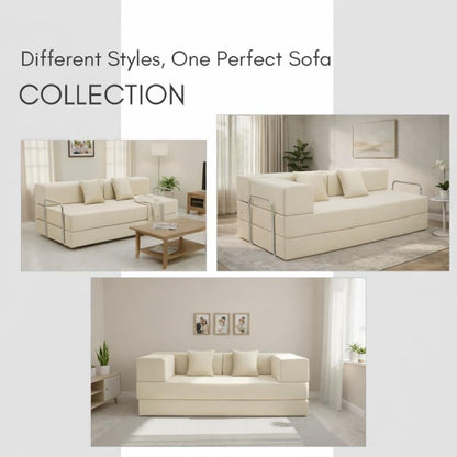 Adorn India Easy Premium Modular 4 Seater Sofa Cum Bed | Velvet Suede Fabric | Colour Cream | Modern Design | Size 6x6 Fit | Comfortable for Seat & Sleep | Washable Cover | Perfect for Home & Office