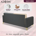 Adorn India Premium Harlem 3 Seater Sofa | Velvet Suede Upholstery | 3-Year Warranty | Dark Grey, Gey & Beige with Gold Legs & Cushion