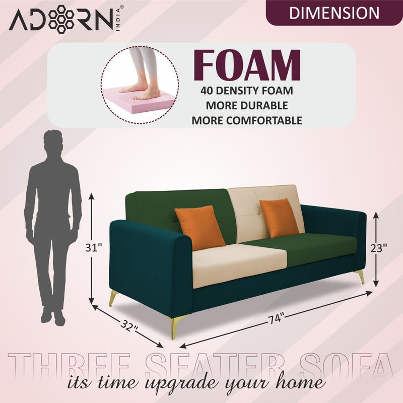 Adorn India Premium Harlem 3 Seater Sofa | Velvet Suede Upholstery | 3-Year Warranty | Ocean Blue, Dark Green & Beige with Gold Legs & Cushion