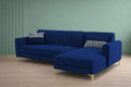 Adorn India Premium Luster 6 Seater L Shape Sofa Set | Velvet Suede Fabric | 3-Year Warranty | RHS |Color Blue with Golden Legs & Striped Pattern Cushion