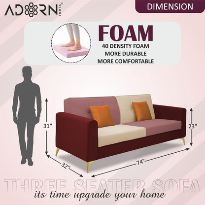 Adorn India Premium Harlem 3 Seater Sofa | Velvet Suede Upholstery | 3-Year Warranty | Maroon, Pink & Beige with Gold Legs & Cushion