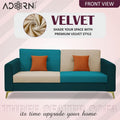 Adorn India Premium Harlem 3 Seater Sofa | Velvet Suede Upholstery | 3-Year Warranty | Ocean Blue, Aqua Blue & Beige with Gold Legs & Cushion
