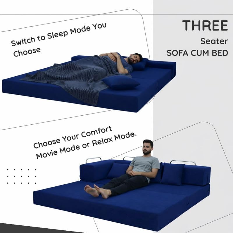 Adorn India Easy Premium Modular 4 Seater Sofa Cum Bed | Velvet Suede Fabric | Colour Blue | Modern Design | Size 6x6 Fit | Comfortable for Seat & Sleep | Washable Cover | Perfect for Home & Office