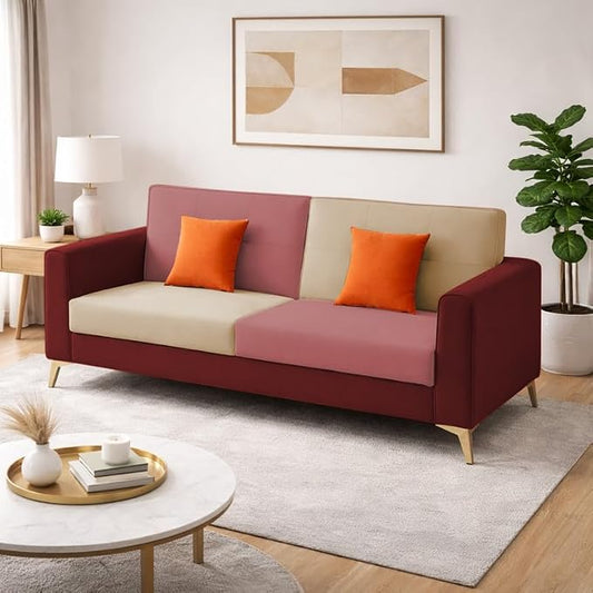 Adorn India Premium Harlem 3 Seater Sofa | Velvet Suede Upholstery | 3-Year Warranty | Maroon, Pink & Beige with Gold Legs & Cushion