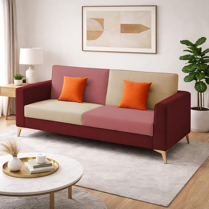 Adorn India Premium Harlem 3 Seater Sofa | Velvet Suede Upholstery | 3-Year Warranty | Maroon, Pink & Beige with Gold Legs & Cushion