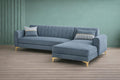 Adorn India Premium Luster 6 Seater L Shape Sofa Set | Velvet Suede Fabric | 3-Year Warranty | RHS |Color Grey with Golden Legs & Striped Pattern Cushion