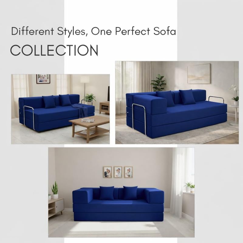 Adorn India Easy Premium Modular 4 Seater Sofa Cum Bed | Velvet Suede Fabric | Colour Blue | Modern Design | Size 6x6 Fit | Comfortable for Seat & Sleep | Washable Cover | Perfect for Home & Office