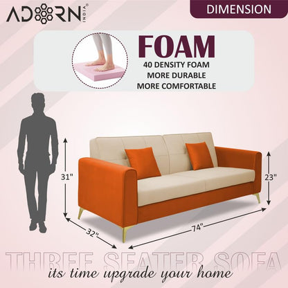 Adorn India Premium Harlem 3 Seater Sofa | Velvet Suede Upholstery | 3-Year Warranty | Beige & Orange with Gold Legs & Cushion
