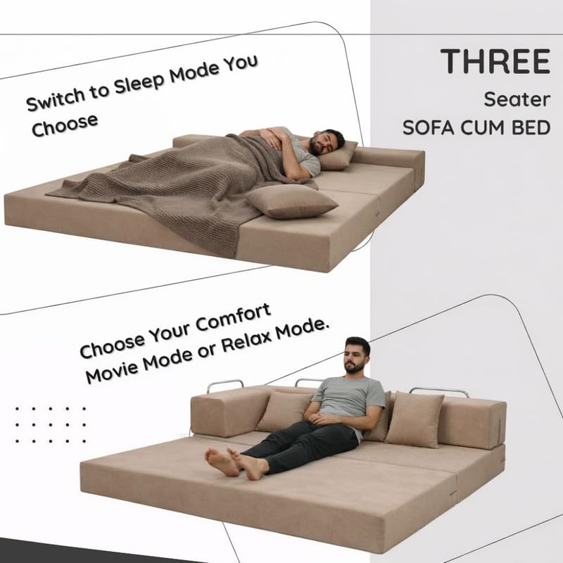 Adorn India Easy Premium Modular 4 Seater Sofa Cum Bed | Velvet Suede Fabric | Colour Camel | Modern Design | Size 6x6 Fit | Comfortable for Seat & Sleep | Washable Cover | Perfect for Home & Office