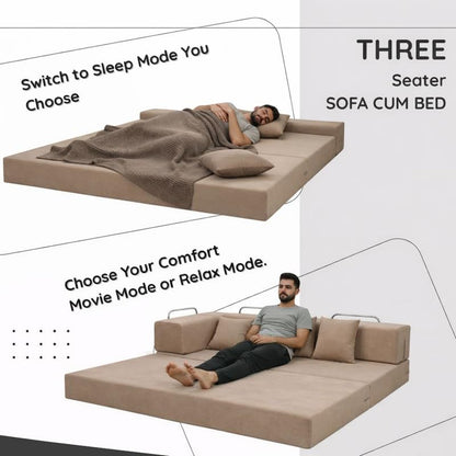 Adorn India Easy Premium Modular 4 Seater Sofa Cum Bed | Velvet Suede Fabric | Colour Camel | Modern Design | Size 6x6 Fit | Comfortable for Seat & Sleep | Washable Cover | Perfect for Home & Office
