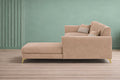 Adorn India Premium Luster 8 Seater L Shape Sofa Set with 2 Puffy & 1 Center Table | Velvet Suede Fabric | 3-Year Warranty | RHS | Beige with Golden Legs & Striped Pattern Cushion