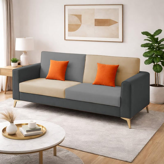 Adorn India Premium Harlem 3 Seater Sofa | Velvet Suede Upholstery | 3-Year Warranty | Dark Grey, Gey & Beige with Gold Legs & Cushion