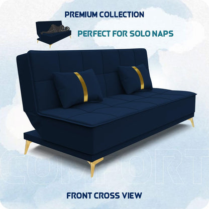 Adorn India Premium New Alyssum 3 Seater Sofa Cum Bed 4X6 Velvet Suede with 2 Cushions (Color Blue) and Suitable for All Indoor, with 3 Years Warranty