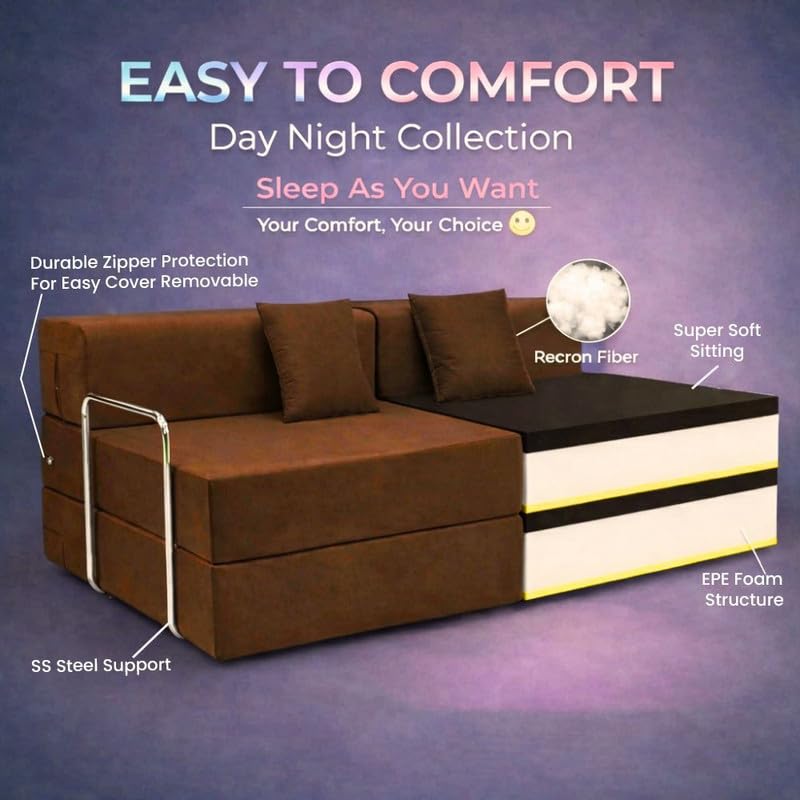 Adorn India Easy Premium Modular 4 Seater Sofa Cum Bed | Velvet Suede Fabric | Colour Brown | Modern Design | Size 6x6 Fit | Comfortable for Seat & Sleep | Washable Cover | Perfect for Home & Office