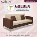 Adorn India Premium Harlem 3 Seater Sofa | Velvet Suede Upholstery | 3-Year Warranty | Brown & Beige with Gold Legs & Cushion