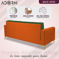 Adorn India Premium Harlem 3 Seater Sofa | Velvet Suede Upholstery | 3-Year Warranty | Orange & Dark Green with Gold Legs & Cushion