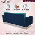 Adorn India Premium Harlem 3 Seater Sofa | Velvet Suede Upholstery | 3-Year Warranty | Dark Blue & Aqua Blue with Gold Legs & Cushion