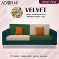 Adorn India Premium Harlem 3 Seater Sofa | Velvet Suede Upholstery | 3-Year Warranty | Ocean Blue, Dark Green & Beige with Gold Legs & Cushion