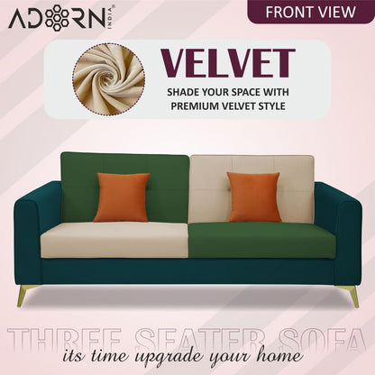 Adorn India Premium Harlem 3 Seater Sofa | Velvet Suede Upholstery | 3-Year Warranty | Ocean Blue, Dark Green & Beige with Gold Legs & Cushion