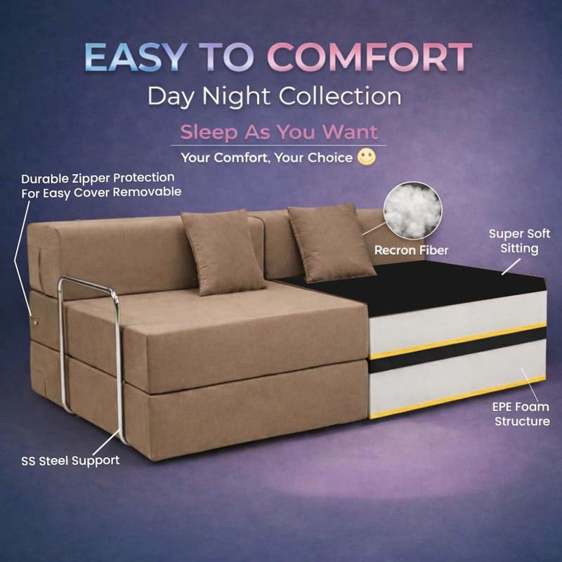 Adorn India Easy Premium Modular 4 Seater Sofa Cum Bed | Velvet Suede Fabric | Colour Camel | Modern Design | Size 6x6 Fit | Comfortable for Seat & Sleep | Washable Cover | Perfect for Home & Office