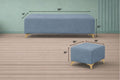 Adorn India Premium Luster 8 Seater L Shape Sofa Set with 2 Puffy & 1 Center Table | Velvet Suede Fabric | 3-Year Warranty | LHS | Grey with Golden Legs & Striped Pattern Cushion