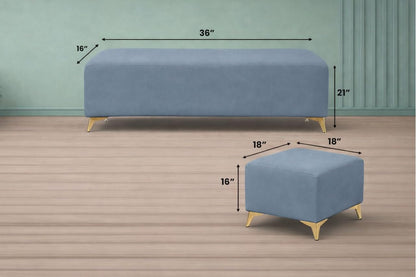 Adorn India Premium Luster 8 Seater L Shape Sofa Set with 2 Puffy & 1 Center Table | Velvet Suede Fabric | 3-Year Warranty | LHS | Grey with Golden Legs & Striped Pattern Cushion