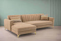 Adorn India Premium Luster 6 Seater L Shape Sofa Set | Velvet Suede Fabric | 3-Year Warranty | LHS |Color Camel with Golden Legs & Striped Pattern Cushion