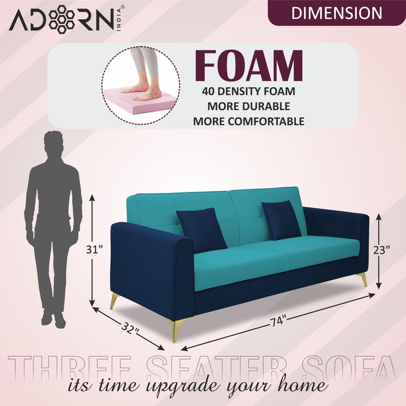 Adorn India Premium Harlem 3 Seater Sofa | Velvet Suede Upholstery | 3-Year Warranty | Dark Blue & Aqua Blue with Gold Legs & Cushion