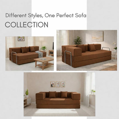Adorn India Easy Premium Modular 4 Seater Sofa Cum Bed | Velvet Suede Fabric | Colour Brown | Modern Design | Size 6x6 Fit | Comfortable for Seat & Sleep | Washable Cover | Perfect for Home & Office