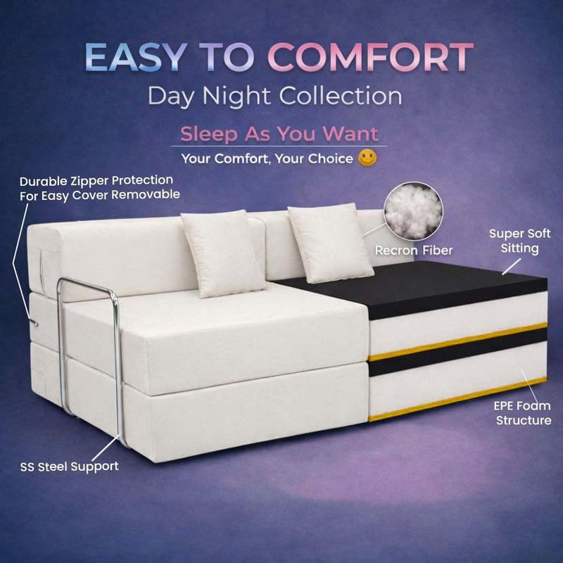 Adorn India Easy Premium Modular 4 Seater Sofa Cum Bed | Velvet Suede Fabric | Colour Cream | Modern Design | Size 6x6 Fit | Comfortable for Seat & Sleep | Washable Cover | Perfect for Home & Office
