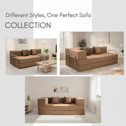 Adorn India Easy Premium Modular 4 Seater Sofa Cum Bed | Velvet Suede Fabric | Colour Camel | Modern Design | Size 6x6 Fit | Comfortable for Seat & Sleep | Washable Cover | Perfect for Home & Office
