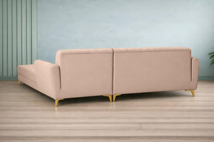Adorn India Premium Luster 8 Seater L Shape Sofa Set with 2 Puffy & 1 Center Table | Velvet Suede Fabric | 3-Year Warranty | RHS | Beige with Golden Legs & Striped Pattern Cushion