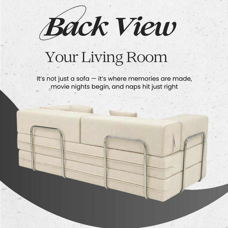 Adorn India Easy Premium Modular 4 Seater Sofa Cum Bed | Velvet Suede Fabric | Colour Cream | Modern Design | Size 6x6 Fit | Comfortable for Seat & Sleep | Washable Cover | Perfect for Home & Office