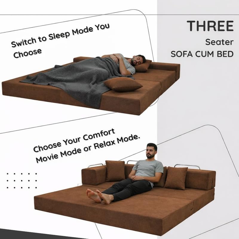 Adorn India Easy Premium Modular 4 Seater Sofa Cum Bed | Velvet Suede Fabric | Colour Brown | Modern Design | Size 6x6 Fit | Comfortable for Seat & Sleep | Washable Cover | Perfect for Home & Office