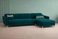 Adorn India Premium Luster 6 Seater L Shape Sofa Set | Velvet Suede Fabric | 3-Year Warranty | RHS |Color Ocean Blue with Golden Legs & Striped Pattern Cushion