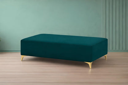 Adorn India Premium Luster 8 Seater L Shape Sofa Set with 2 Puffy & 1 Center Table | Velvet Suede Fabric | 3-Year Warranty | LHS | Ocean Blue with Golden Legs & Striped Pattern Cushion