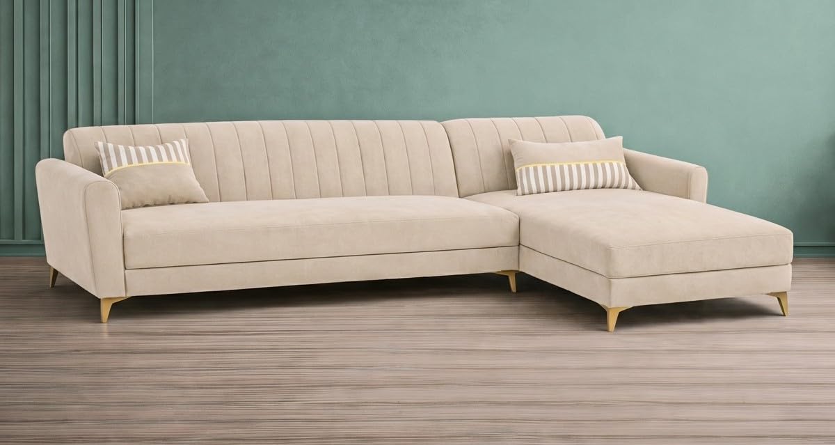 Adorn India Premium Luster 6 Seater L Shape Sofa Set | Velvet Suede Fabric | 3-Year Warranty | RHS |Color Cream with Golden Legs & Striped Pattern Cushion