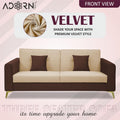 Adorn India Premium Harlem 3 Seater Sofa | Velvet Suede Upholstery | 3-Year Warranty | Brown & Beige with Gold Legs & Cushion