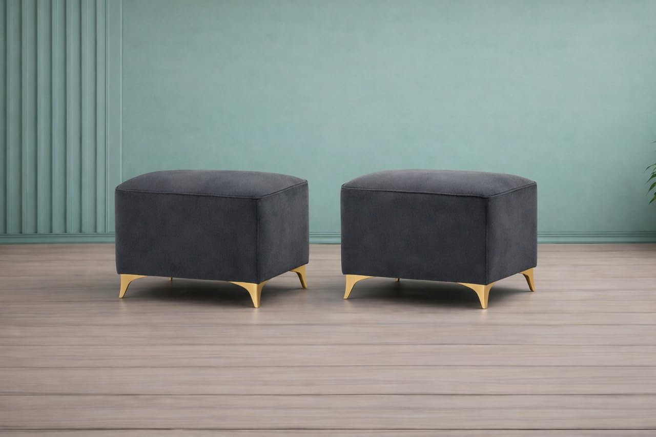 Adorn India Premium Luster 8 Seater L Shape Sofa Set with 2 Puffy & 1 Center Table | Velvet Suede Fabric | 3-Year Warranty | RHS | Dark Grey with Golden Legs & Striped Pattern Cushion