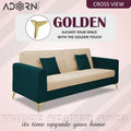 Adorn India Premium Harlem 3 Seater Sofa | Velvet Suede Upholstery | 3-Year Warranty | Ocean Blue & Beige with Gold Legs & Cushion