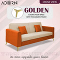 Adorn India Premium Harlem 3 Seater Sofa | Velvet Suede Upholstery | 3-Year Warranty | Beige & Orange with Gold Legs & Cushion