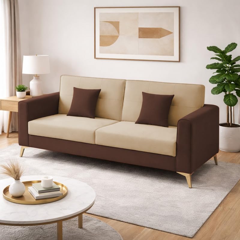 Adorn India Premium Harlem 3 Seater Sofa | Velvet Suede Upholstery | 3-Year Warranty | Brown & Beige with Gold Legs & Cushion