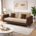 Adorn India Premium Harlem 3 Seater Sofa | Velvet Suede Upholstery | 3-Year Warranty | Brown & Beige with Gold Legs & Cushion
