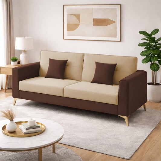 Adorn India Premium Harlem 3 Seater Sofa | Velvet Suede Upholstery | 3-Year Warranty | Brown & Beige with Gold Legs & Cushion