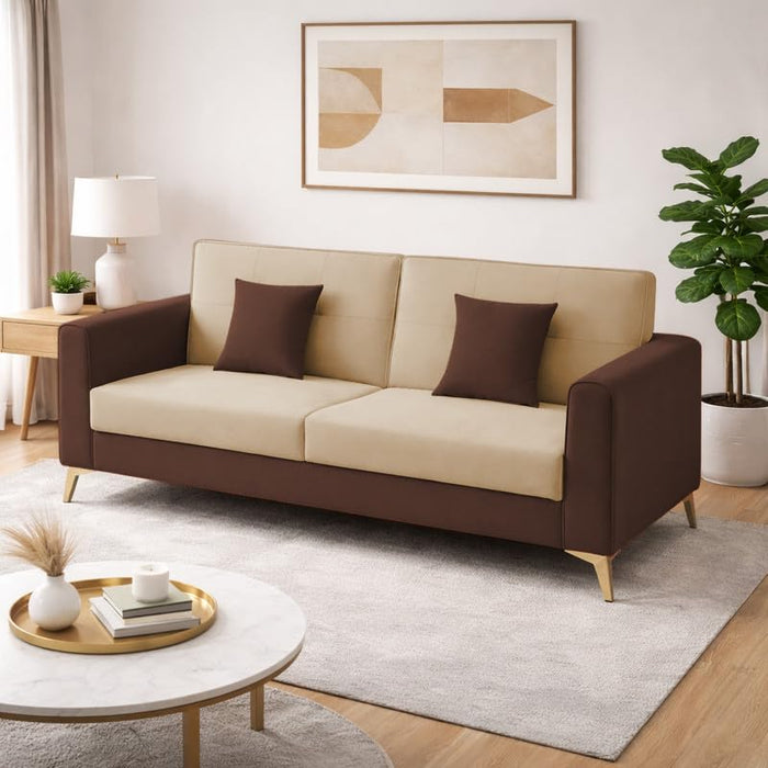 Adorn India Premium Harlem 3 Seater Sofa | Velvet Suede Upholstery | 3-Year Warranty | Brown & Beige with Gold Legs & Cushion