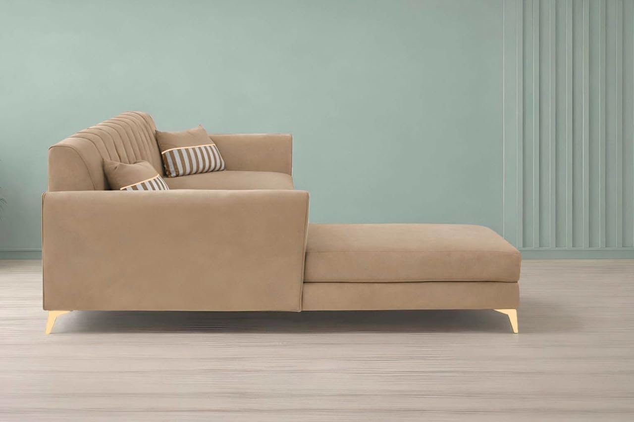 Adorn India Premium Luster 6 Seater L Shape Sofa Set | Velvet Suede Fabric | 3-Year Warranty | LHS |Color Camel with Golden Legs & Striped Pattern Cushion