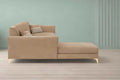 Adorn India Premium Luster 8 Seater L Shape Sofa Set with 2 Puffy & 1 Center Table | Velvet Suede Fabric | 3-Year Warranty | LHS | Camel with Golden Legs & Striped Pattern Cushion