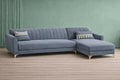 Adorn India Premium Luster 6 Seater L Shape Sofa Set | Velvet Suede Fabric | 3-Year Warranty | RHS |Color Grey with Golden Legs & Striped Pattern Cushion