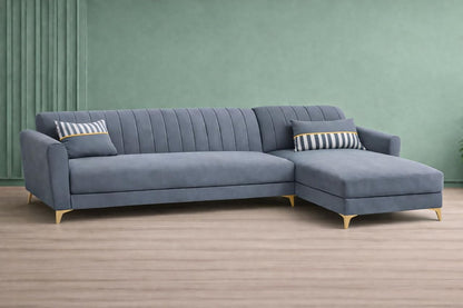 Adorn India Premium Luster 6 Seater L Shape Sofa Set | Velvet Suede Fabric | 3-Year Warranty | RHS |Color Grey with Golden Legs & Striped Pattern Cushion