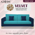 Adorn India Premium Harlem 3 Seater Sofa | Velvet Suede Upholstery | 3-Year Warranty | Dark Blue & Aqua Blue with Gold Legs & Cushion